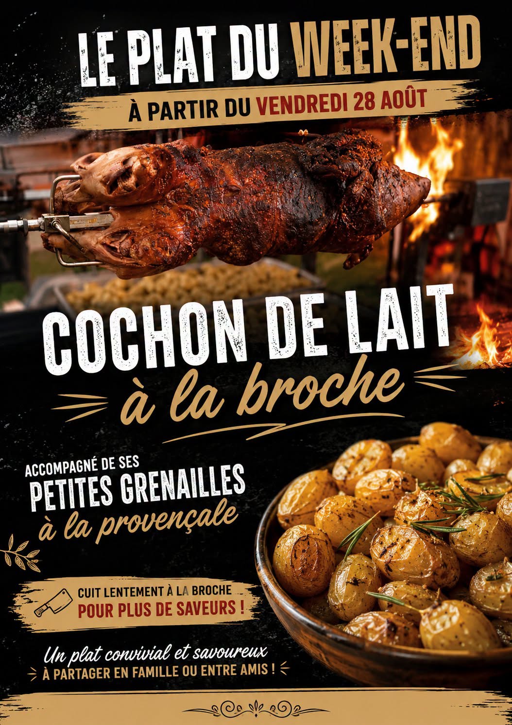 Cochon de lait à la broche et pommes de terre grenaille